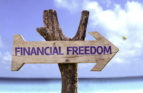 Financial Freedom wooden sign with a beach on background